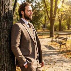 New 2026 Mens 3pc Brown Glen Plaid Suit Set, Slim Fit